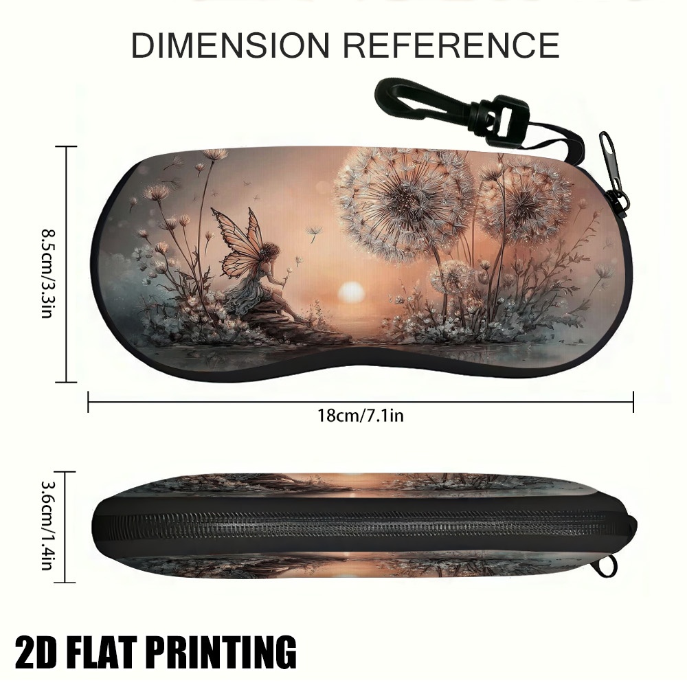 TEMU 2d Flat - 1pc 2d Flat Printing Fairy With Enormous Dandelions Zippered Glasses Case, Compact And Functional, Perfect Gift For Holidays And