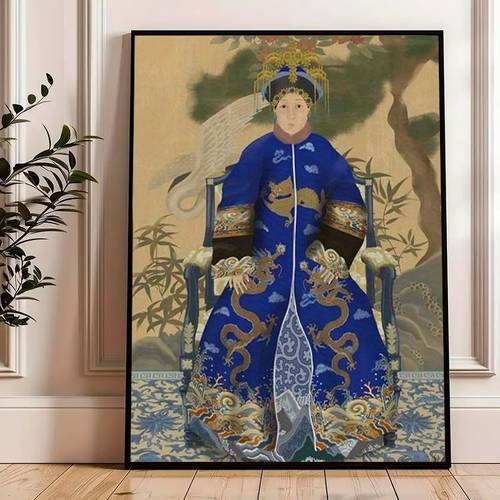 2d flat frameless royal portrait canvas vintage chinese decor with blue and pattern birthday gift for history enthusiasts home office decoration elegant vintage wall art chinese style fine