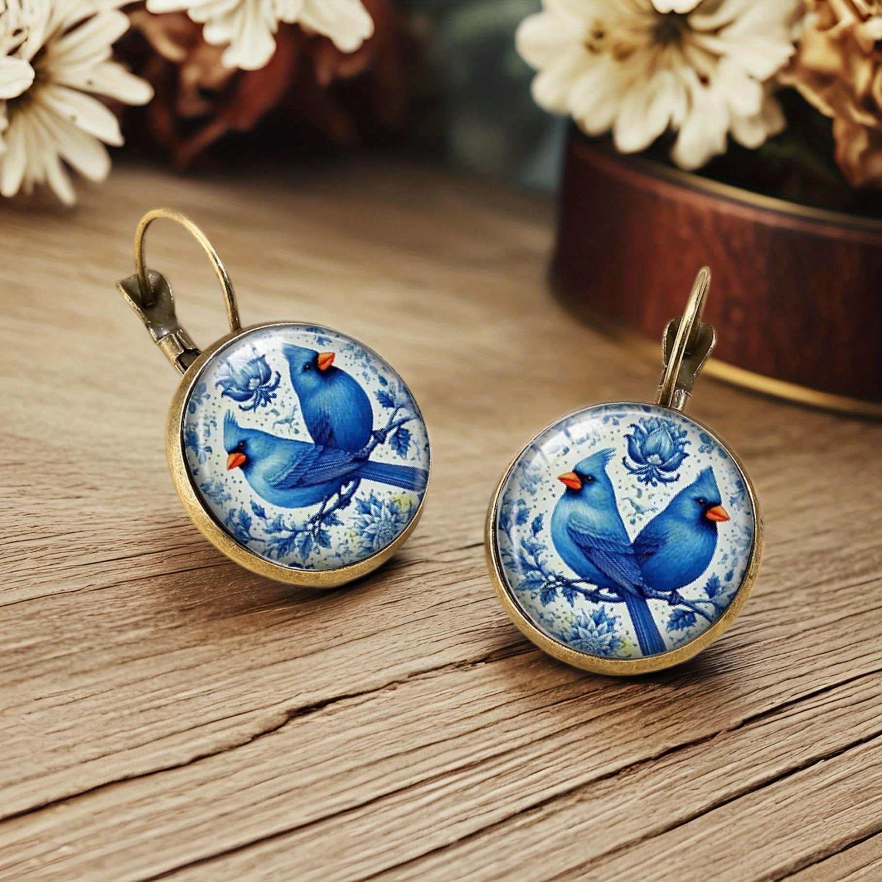 Bluebird Pattern Elegant Delft Pottery Style Earrings