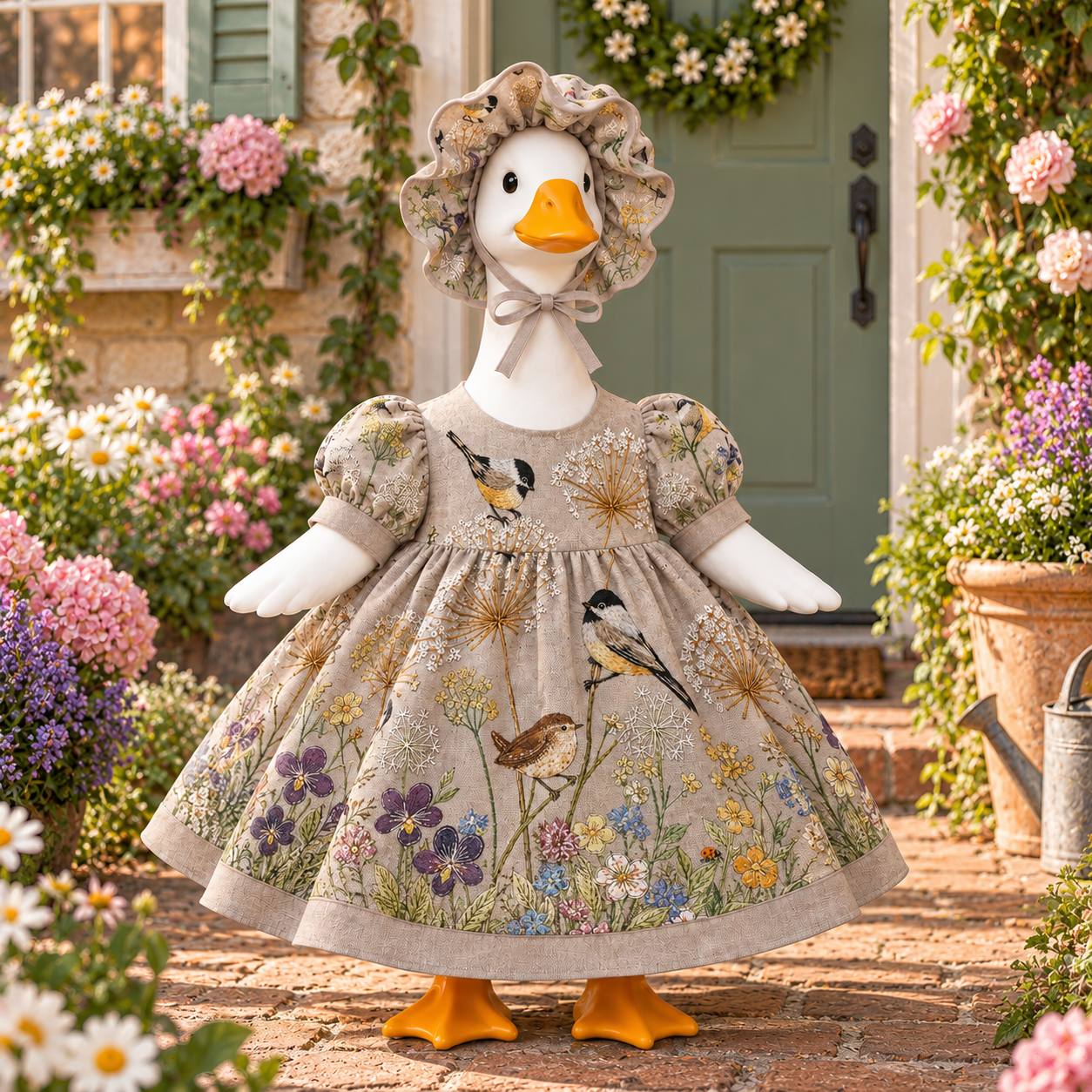 TEMU 2pcs Dress And Bonnet Set With 2d Printed Pattern For 23 Inch Porch Duck Cute Porch Goose Outfit Garden Yard Statue Costume