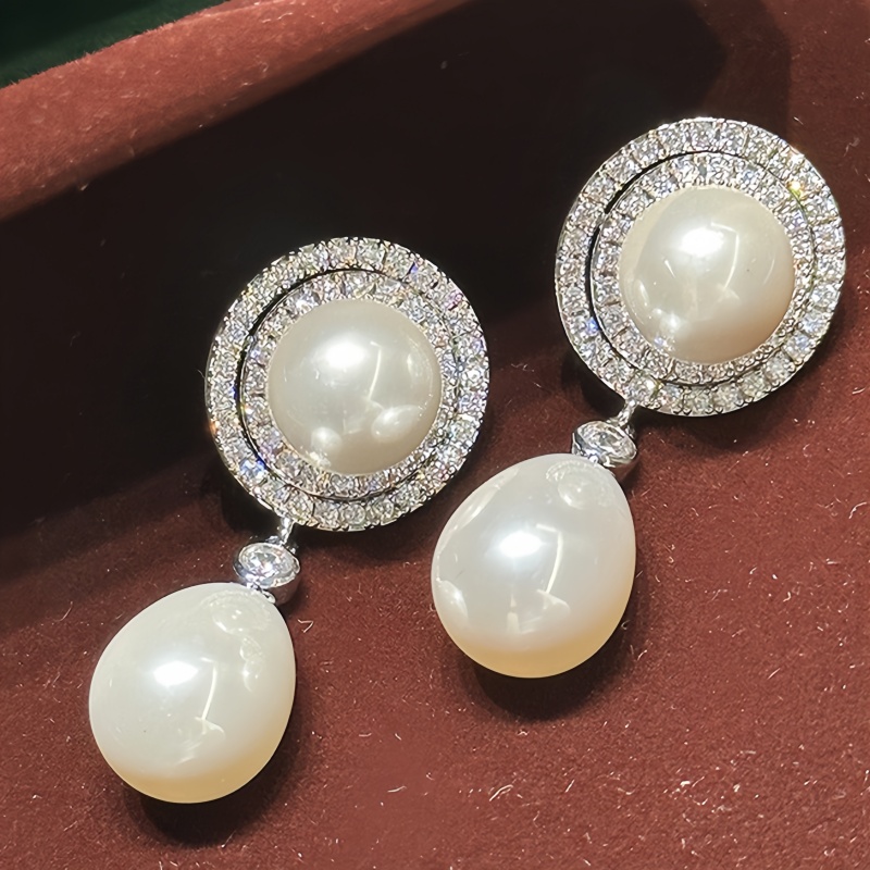 TEMU Pendientes de Lluvia de Perlas de con de Zirconia y Entallado de Lujo para Mujer, Elegantes para Boda, , Vacaciones, Uso Diario, Halo de Capa,