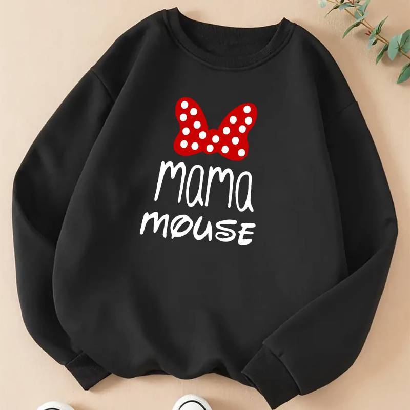 

Mama Mouse Neck Sweatshirt For Women, 100% Polyester, Stretch, Solid Color, Knit Fabric, Casual Sports Style, For Pullover