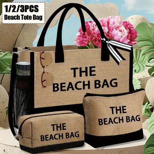 tote bag set 1 2 3pcs beach themed beach handbag set printed with the artistic letter beach bag pattern including one handbag and two makeup bags multi functional shoulder bag large capacity leisure storage bag reusable shopping bag