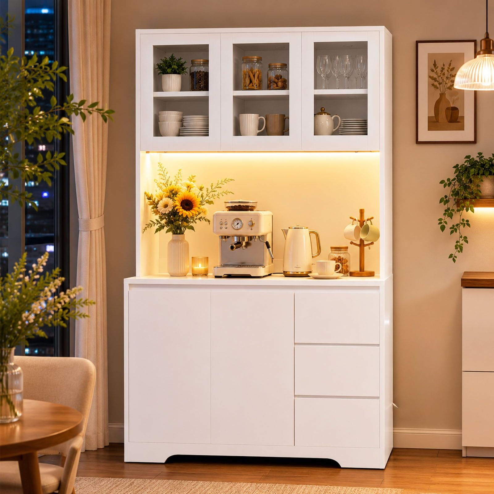 TEMU 100x40x180cm Kitchen Cabinet, Adjustable Shelves, 3 Drawers, 5 Doors, Large Countertop, White