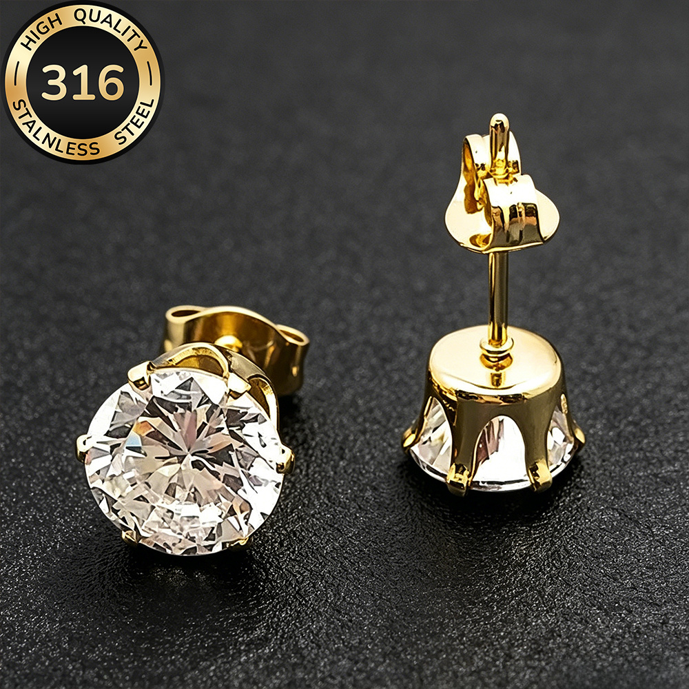 TEMU Pendientes de botón dorados de acero inoxidable 316 316 304 de calidad, chapados en oro, incrustados con circonio sintético , hipoalergénicos,