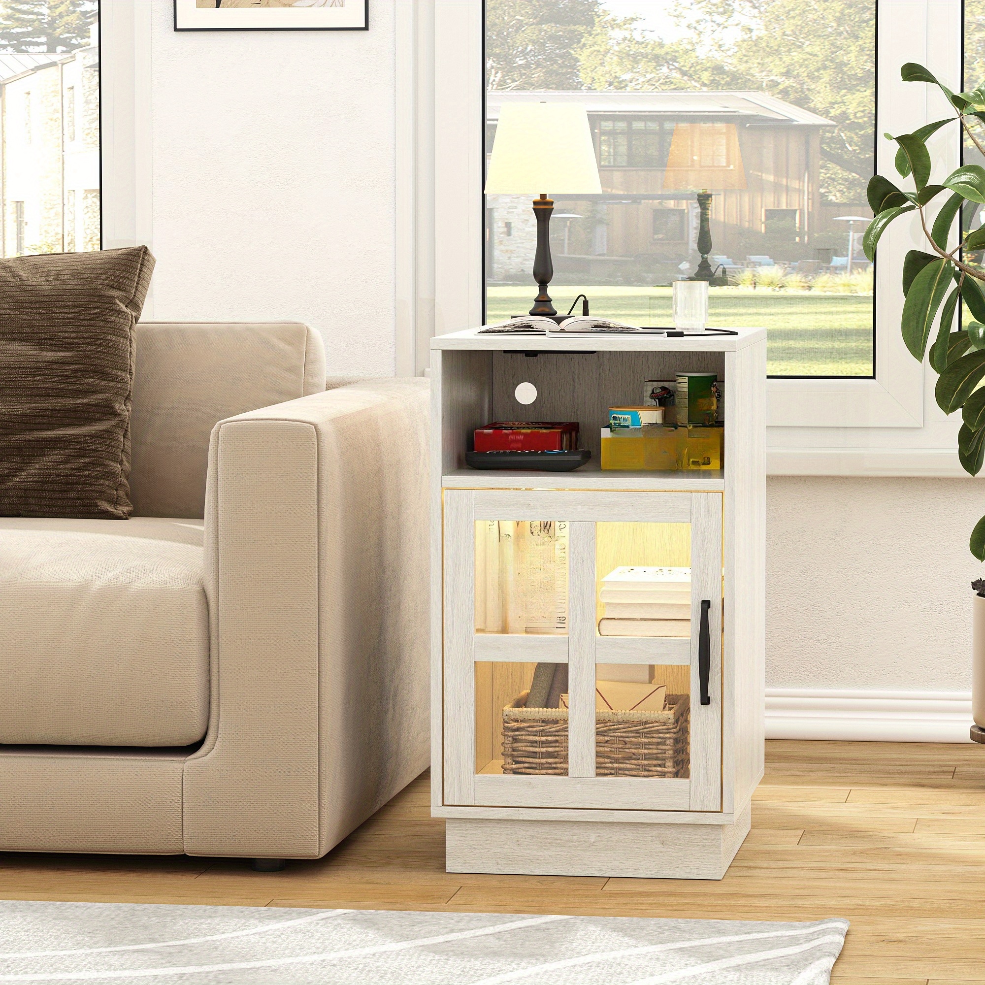 End Tables for Living Room with Charging Station & LED Light, Nightstand with Glass Door & Adjustable Shelf, Bedside Table with USB Ports, Modern Storage Cabinet for Bedroom, Black Smart Side Table