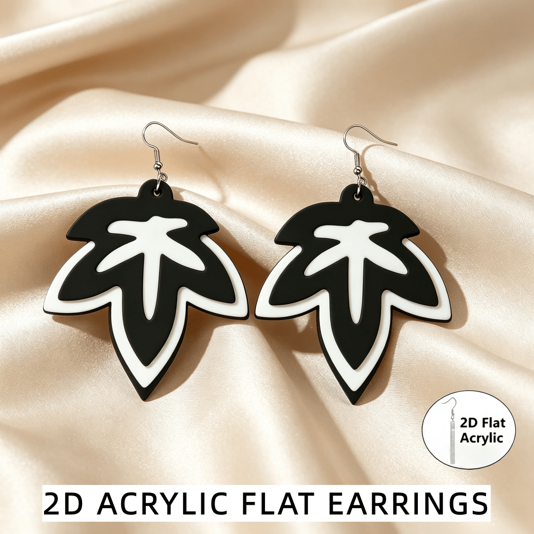 Unique 2D Flat Black and White Leaf Outline Dangle Earrings