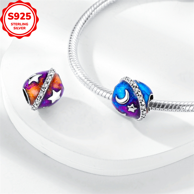 925 Sterling Silvery Star Moon Planet Orbit Bead Charm Pendant