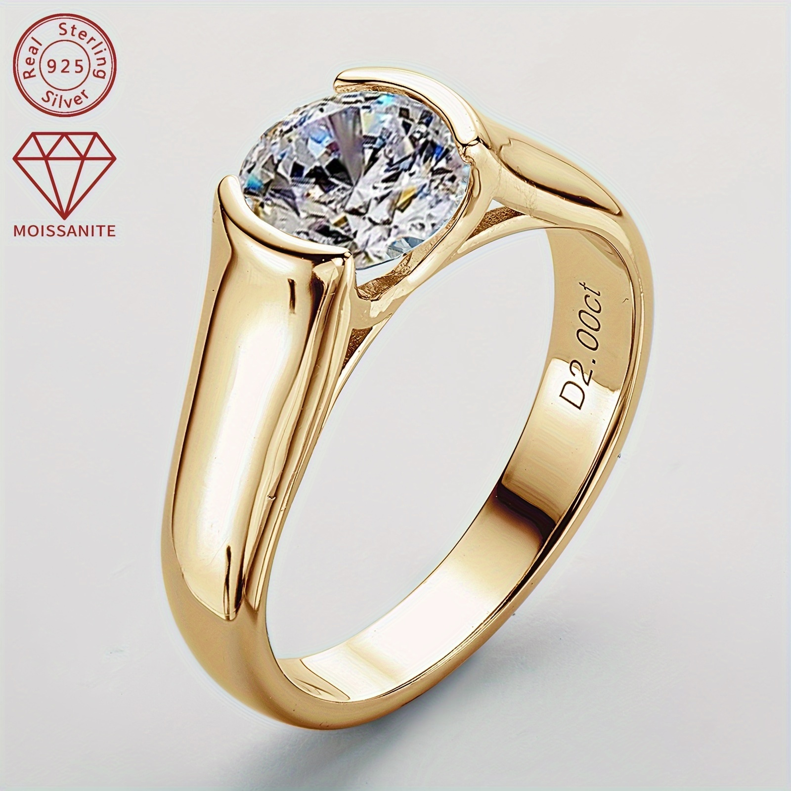 Image of Elegant Classic Round Moissanite Engagement Ring - Synthetic 2 Carat Single, 925 Silver, April Birthstone, Holiday Christmas, Wedding And Anniversary Jewelry