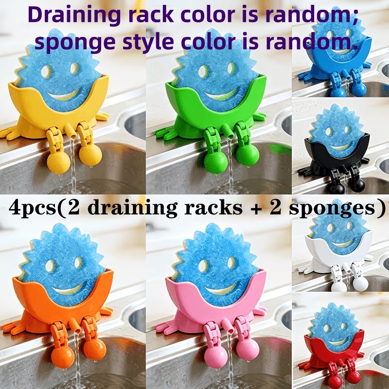 TEMU 4pcs (2 Draining Racks 2 Sponge Scrubbers) Cute And Fun Draining Sponge Rack With Drainage Holes And Legs | 3d Printed Dish Sponge Storage Rack,
