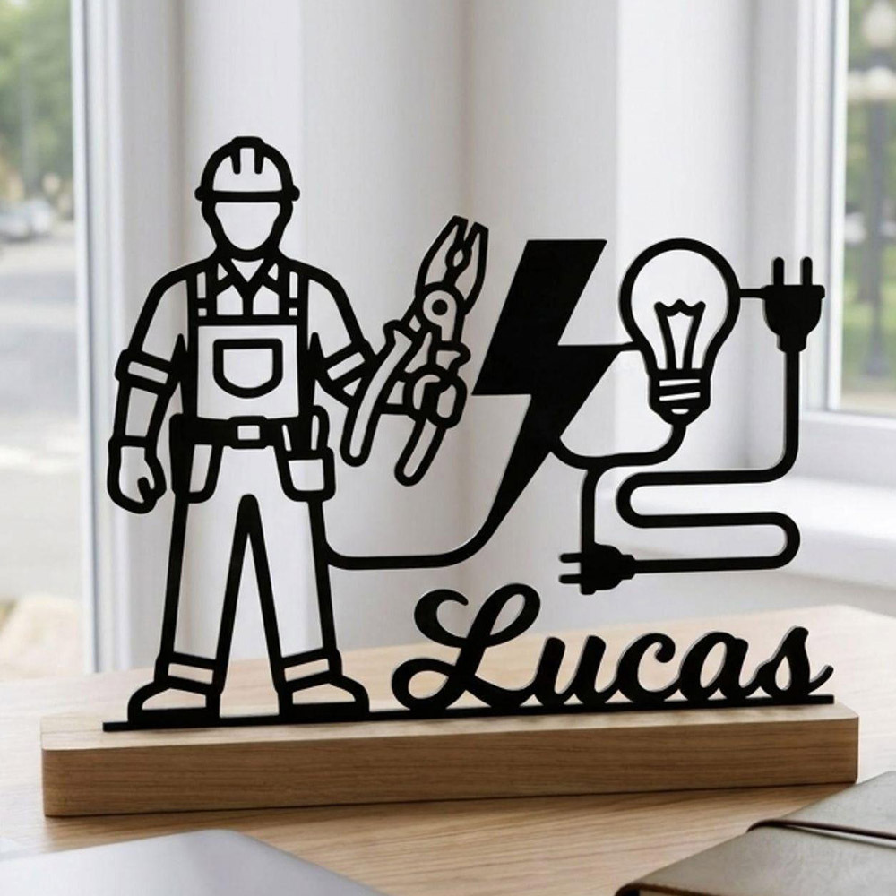 TEMU Statuetta da - 1 pz Insegna personalizzata in metallo per elettricista - Ornamento da scrivania personalizzato con base in legno - Decorazione