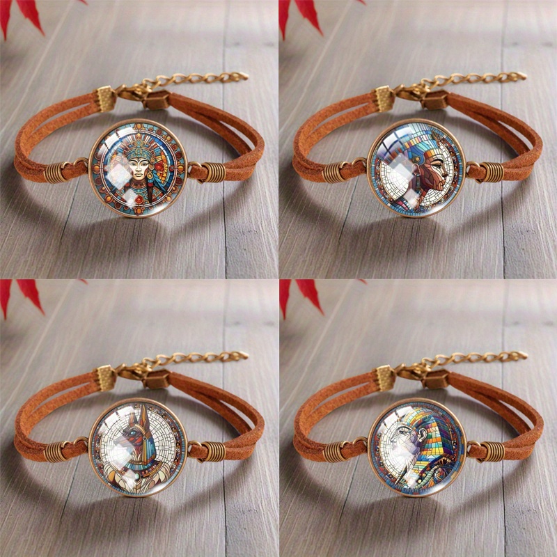 TEMU Set da 4 braccialetti Egiziano - Cinturino marrone con perline a di / II, cupola in vetro adatta per uso , feste, regali, a tema