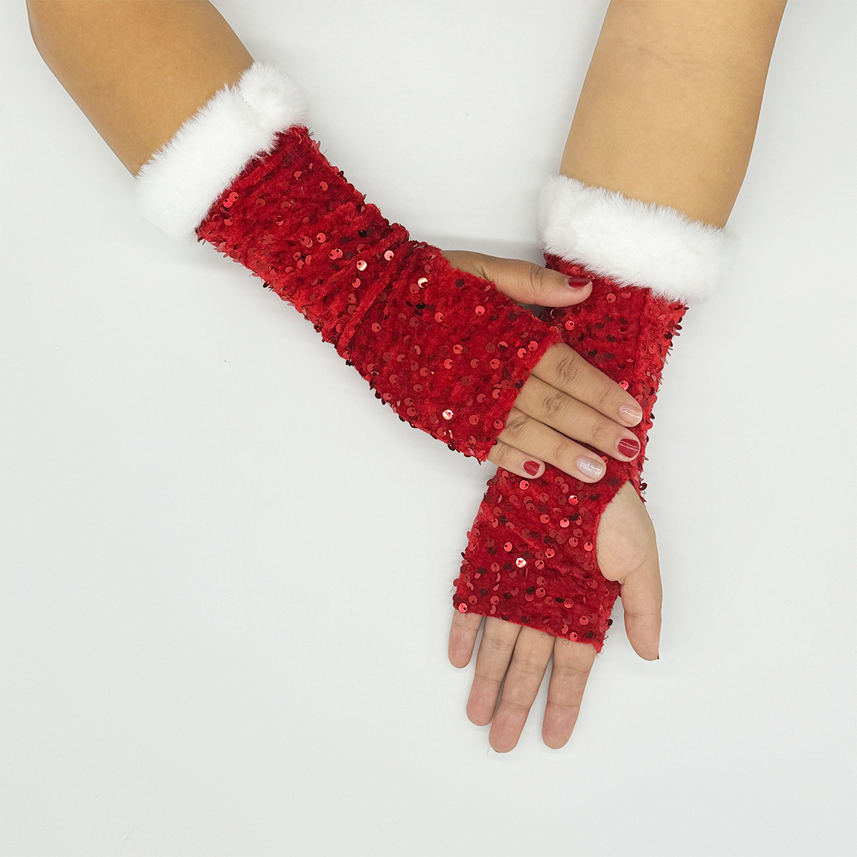 

Women's Red Sequined Fingerless Gloves, Polyester Knit Wrist Warmers, Festive Cosplay Costume Accessories, With Decorative Solid For Parties