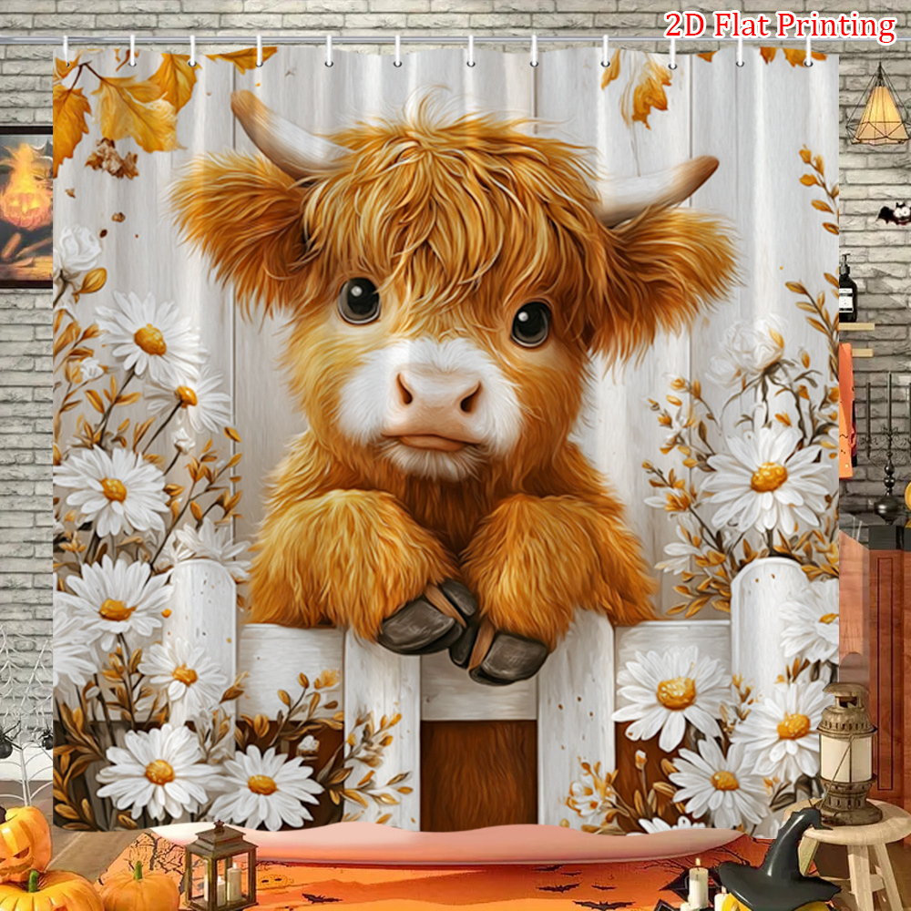 TEMU 1pc Rustic Farmhouse Cow Shower Curtain With & Daisy - Bath Curtain Suitable For Farmhouse Bathroom Decor, Washable Shower Hanging With Hooks,,
