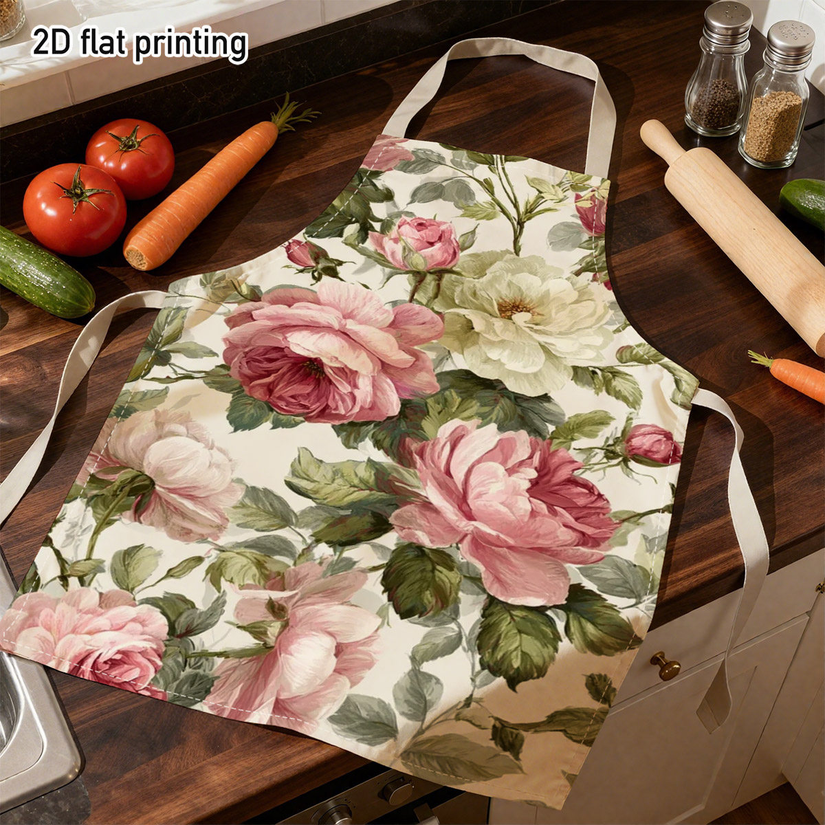 TEMU 1pc 2d Flat And White Roses Chef Apron | , Home Baking, Kitchen Cooking, Parties, For Home Bakers, Hobby Gardeners, Linen