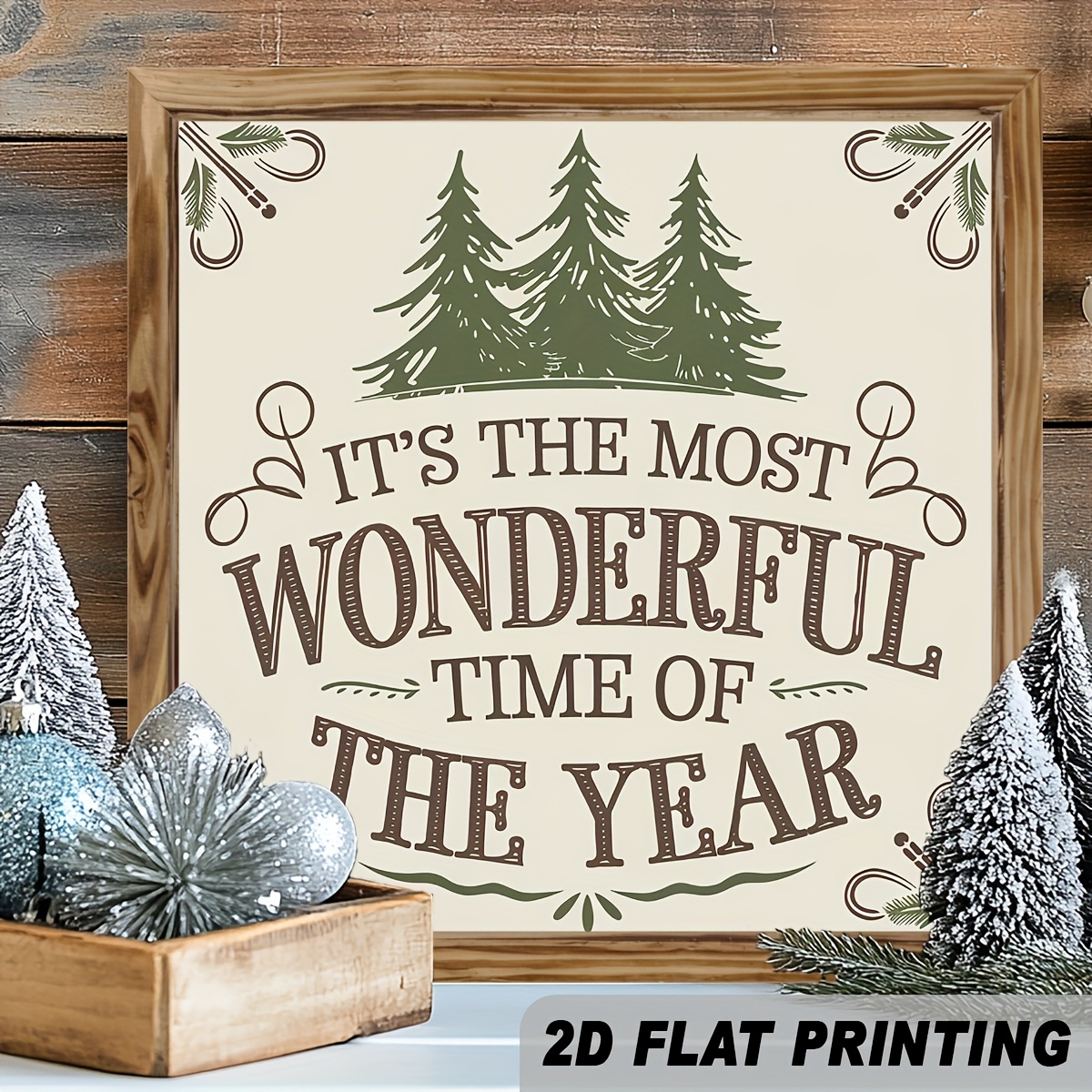 TEMU Plaque murale plate 2D, 1 pièce, sapin de Noël et de neige en bois de style ferme vintage avec branches de pin vertes - Beige, convient pour une