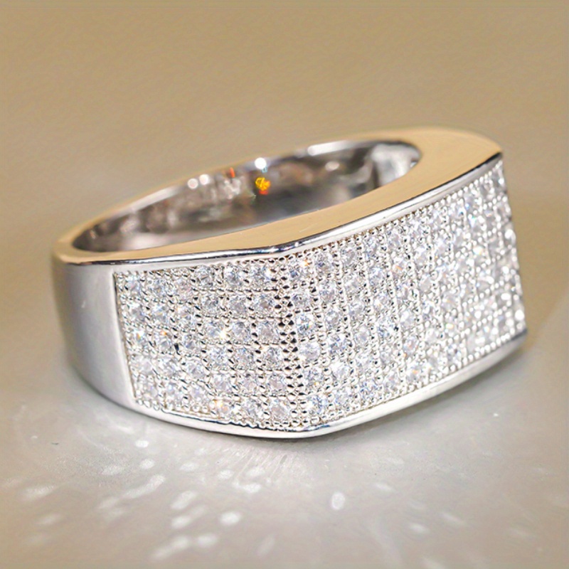 Micro Paved Zirconia Wide Band Ring Silvery Tone