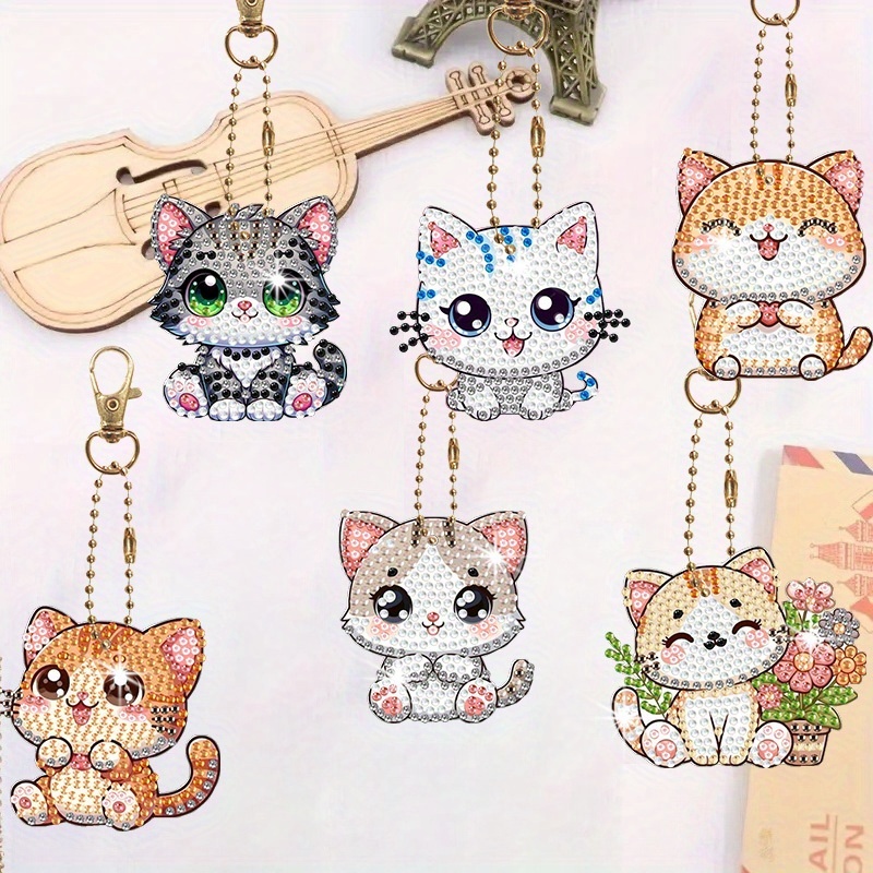 Image of 6pcs Cute Kitten Shaped Diamond Painting Kits, Shiny Diamond Painting Keychain, Acrylic 2d Printed Diamond Painting Kits, Suitable For Backpacks, Keychain Pendants, By Craft Enthusiasts