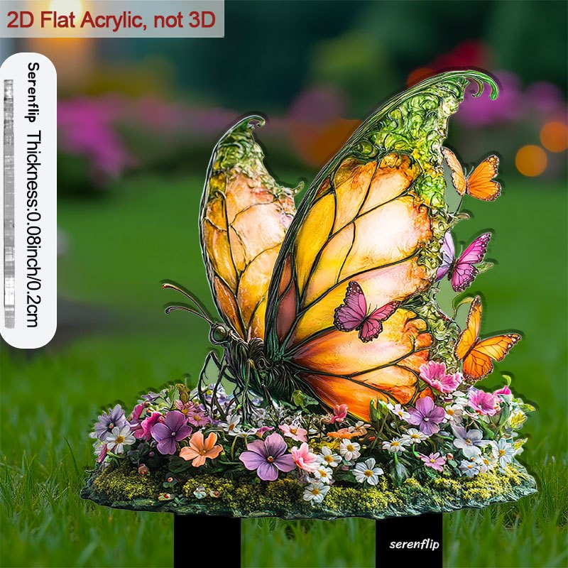 TEMU 2d Flat, [2d Flat] 1pc Of 2d Flat Acrylic Stake For Soil And Flower Bed Decoration, Featuring A Surrounded By Small Butterflies And Flowers,