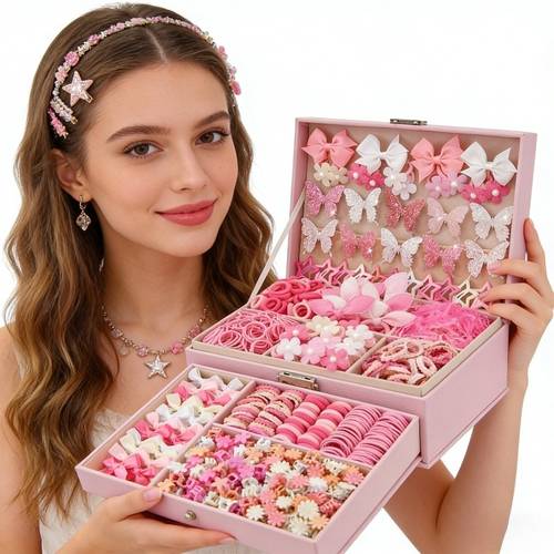 approximately 530pcs pink bow hair clip hair accessory set cute and friendly rubber band towel ring traceless hair tie bow clip and elastic hair rope combination