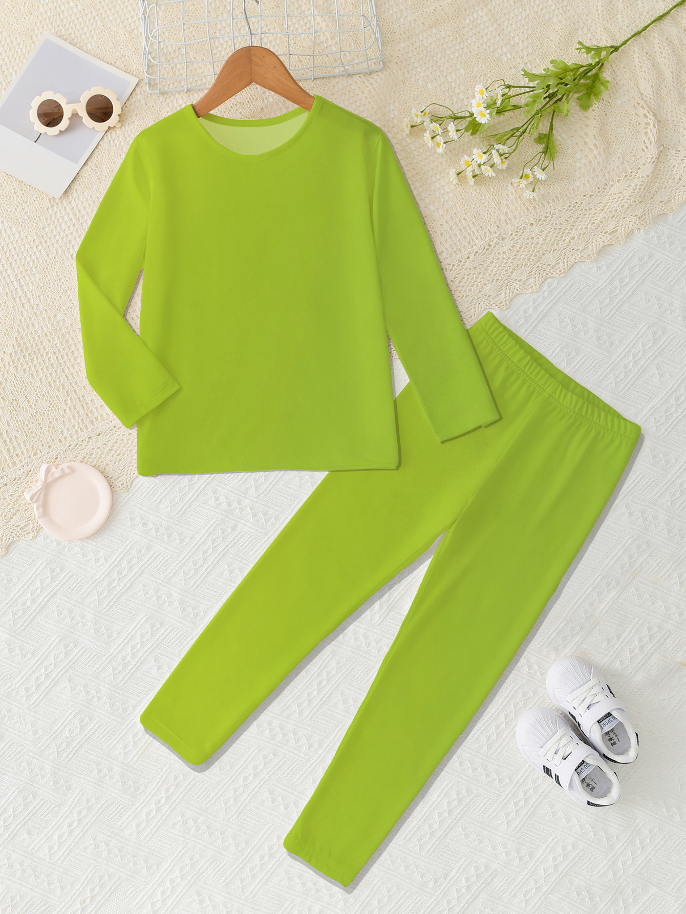item picture two piece set random print all   fantasy novelty holiday long sleeved top plus leggings   solid color little girl gift party   comfortable set outdoor sports casual for outdoor