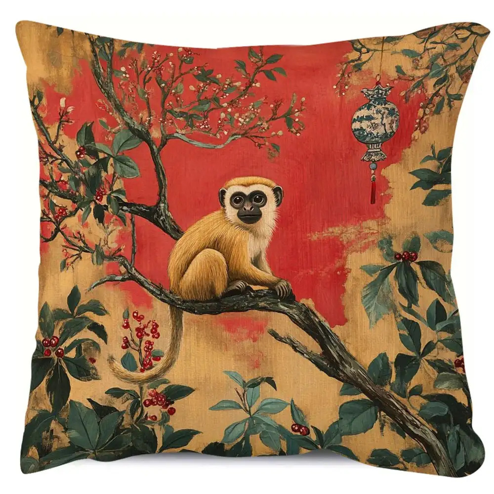TEMU 1 Retro Garden Monkey Design Pillowcase, Soft Short Velvet Polyester, Double-sided Printing, Washable, Zipper Closure, No Filling Included,