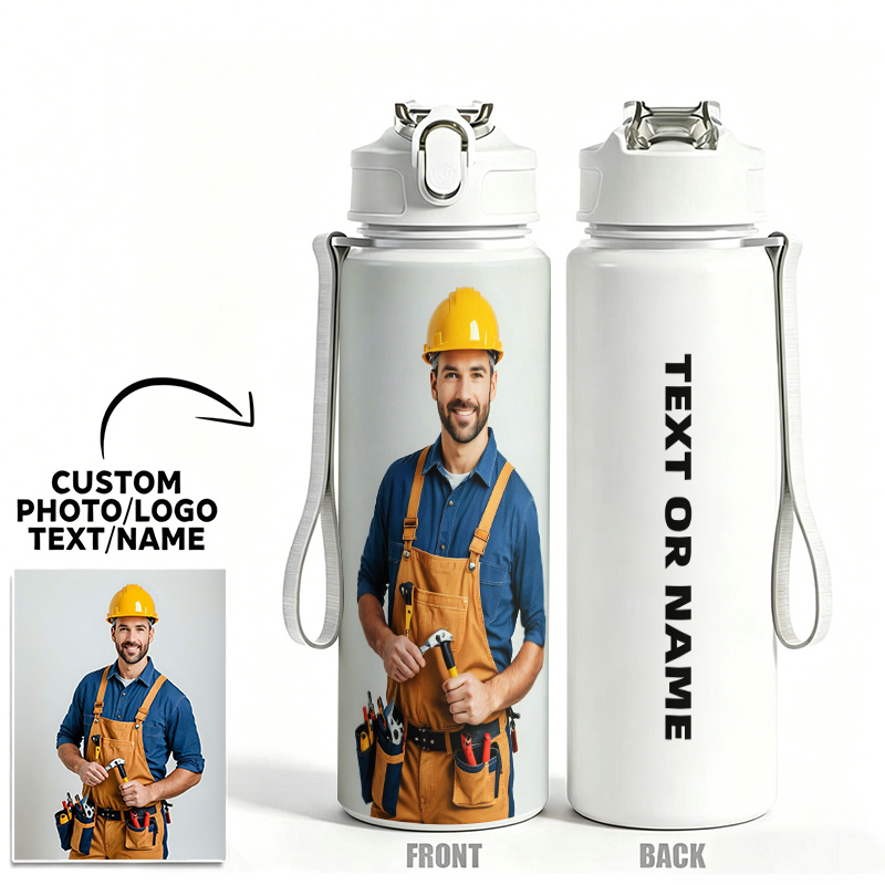 TEMU Bouteille d'eau personnalisée DIY avec photo, image et texte de nom, 1pc, 750ml, 25oz, étanche, gourde de sport avec texte vertical noir gras