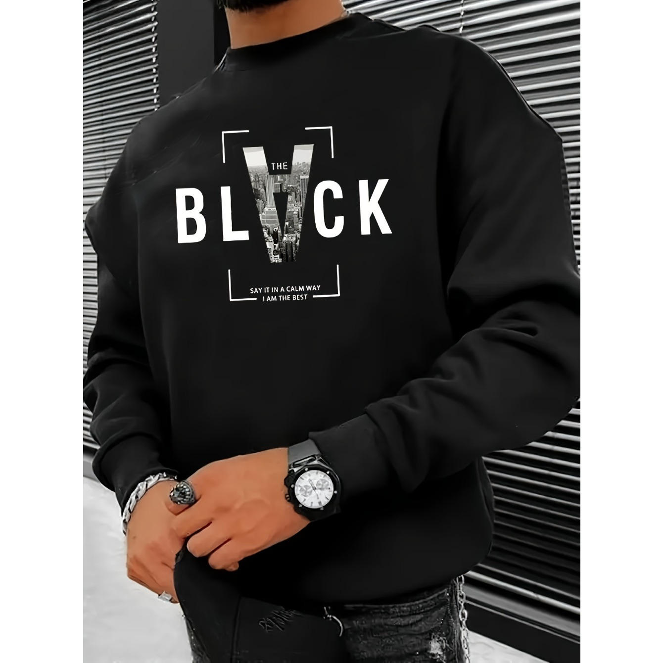 

Black With Creative Printed Men's Comfortable Stylish Sweatshirt With Long Sleeves, Regular Fit Top For Men's Autumn & Winter Outdoor Wear