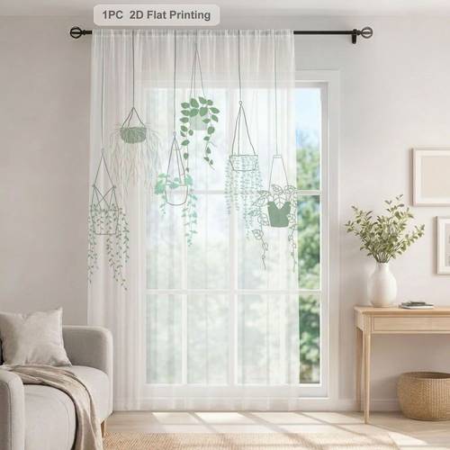 1pc bohemian minimalist hanging plants printed sheer curtain light filtering privacy gauze drapes elegant sage durable polyester fabric pole pocket top for living room bedroom kitchen