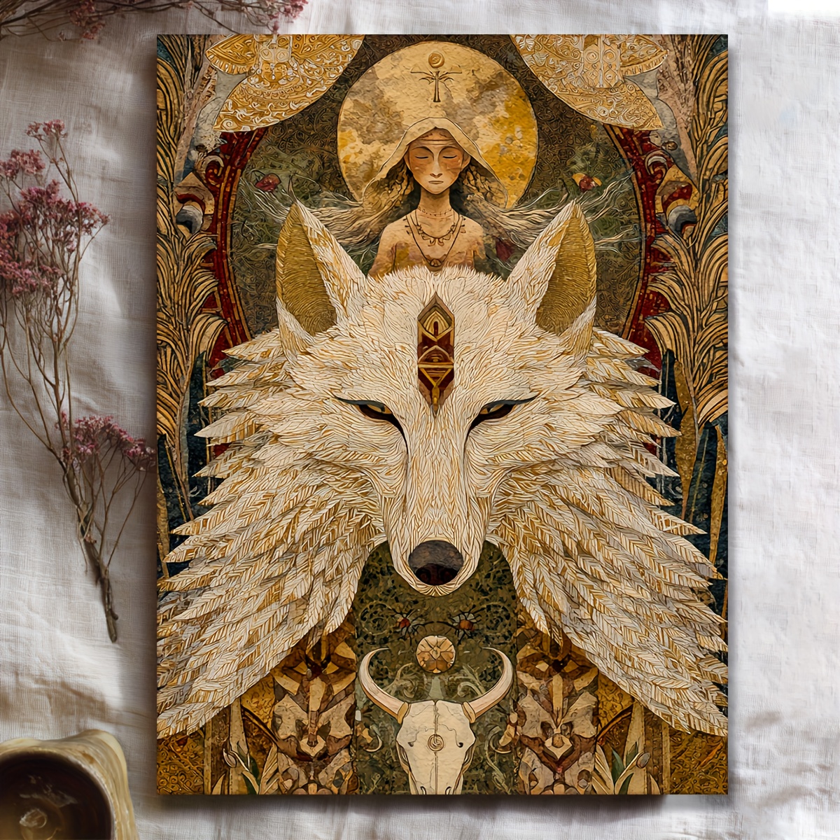 TEMU 2d Flat, 2d Flat, 2d Flat 1pc Framed Shamanic Canvas Artwork Measuring 30.48x40.64 Cm, Featuring A Large Spiritual Meditation Theme With A Wolf