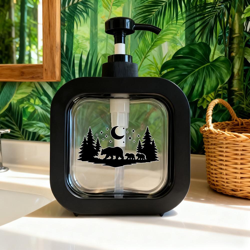 Plastic Soap Dispenser Featuring A Bear Family Silhouette, Designed With A Clear Window And A Minimalist Pine Tree And Motif. This Refillable Toiletry Bottle Is Perfect For Travel And