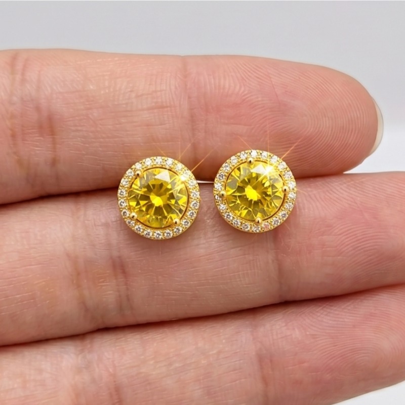 Women's 925 Silver Elegant Yellow Zirconia Round Stud Earrings