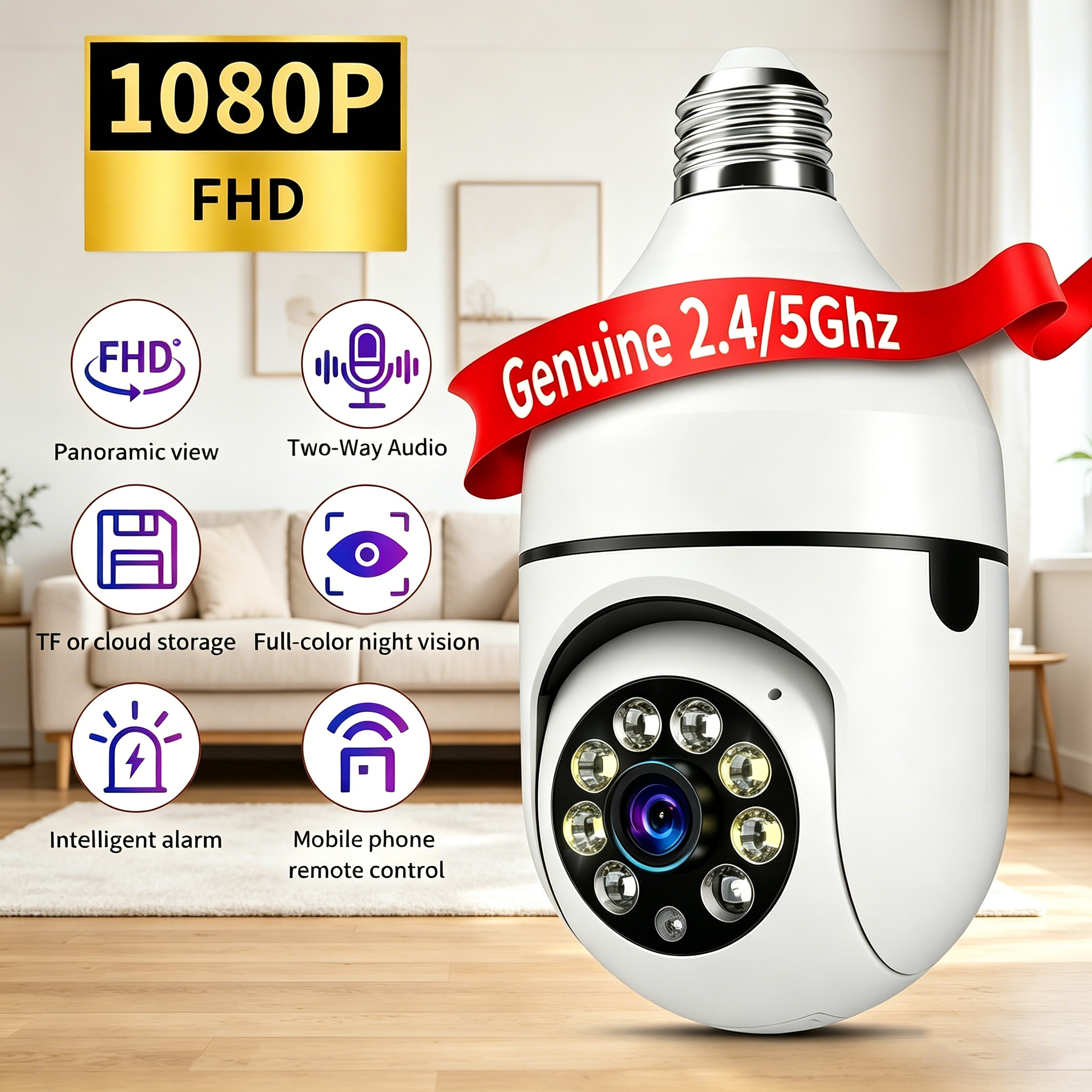 1pc Smart Bulb Security Camera Featuring Night Vision, Black And White Night Vision, Motion Detection, Audio, E27 Threaded Wifi , Wide-angle Lens, Streaming, For Home Security Cameras
