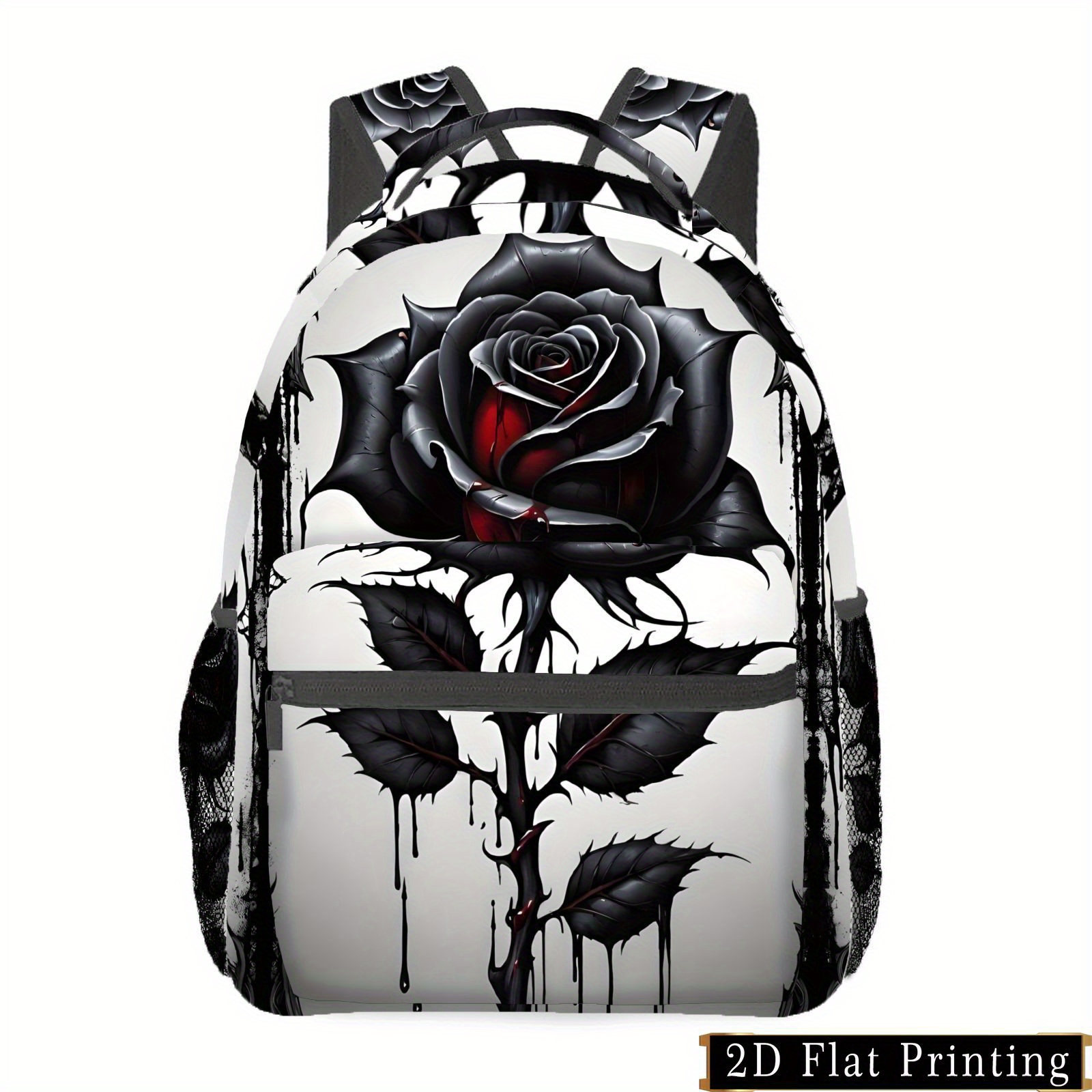 TEMU 1pc, Black Rose Pattern Backpack For Women, Vintage Floral Backpack, School Bag, 2d Flat Print, 2d Flat