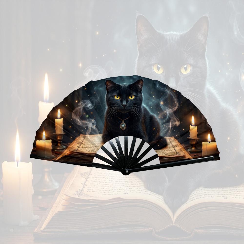 TEMU 1pc Elegant Printed Folding Fan Cat With Handcrafted For Wedding Party Decoration, Home Decoration Gift, With Vivid Printed Patterns, Portable