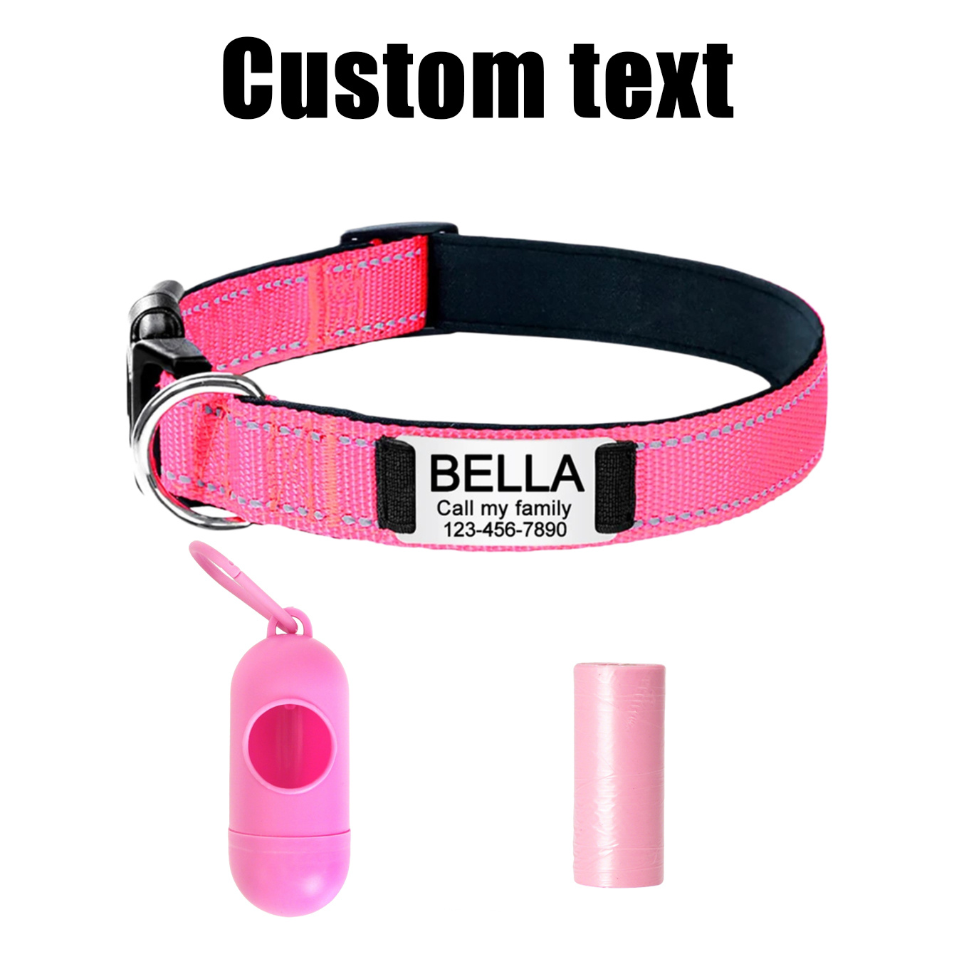 TEMU Pet Customization Set, Includes A Custom Pet Collar With Waste Bags And Dispenser. Nylon Material With Neoprene Lining, Quiet, Comfortable, And