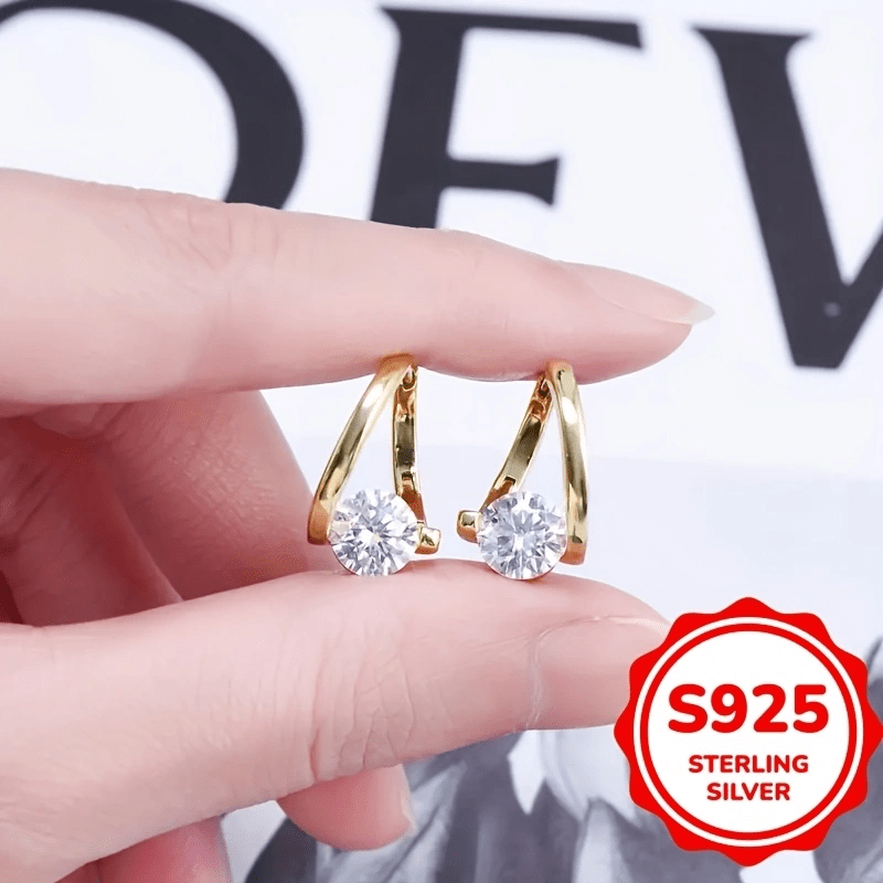 TEMU 1 Pair Of High-quality Synthetic Zirconia Golden Earrings For Women S925 Pure Silvery Jewelry Earrings