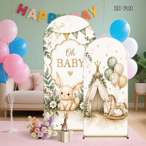 1pc boho baby shower backdrop with oh baby teddy bear elastic arched fabric banner suitable for decor neutral gender reveal party decorations arched wall cover for stand display props