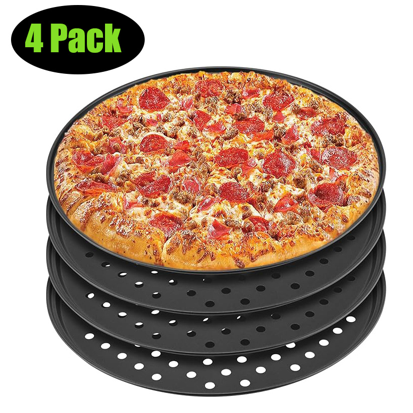 Image of 4pcs Set Of 10-inch Round Pizza Pans With Holes, Oven-useable Carbon Steel Pan For Home Dining Baking