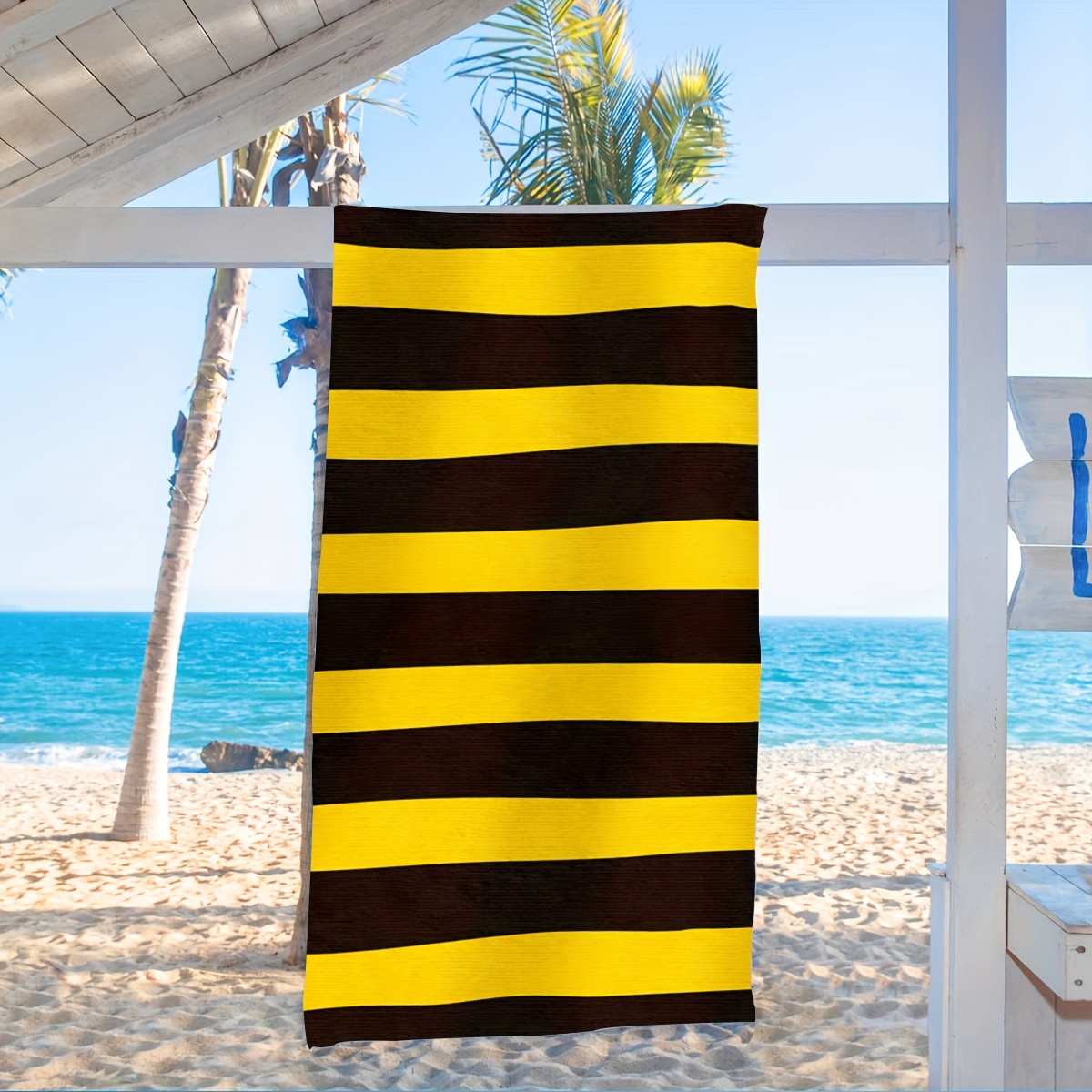 TEMU 2d Flat - 2d Flat - 1pc Of 2d Printed Beach Towel With Yellow And Black Stripes, Vacations , Pools, Camping, Yoga, And More; An Essential For