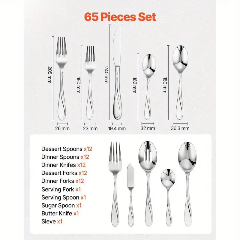 65pie silveryware set stainless steel cutlery flatware utensil kitchen for 12 Product details 1