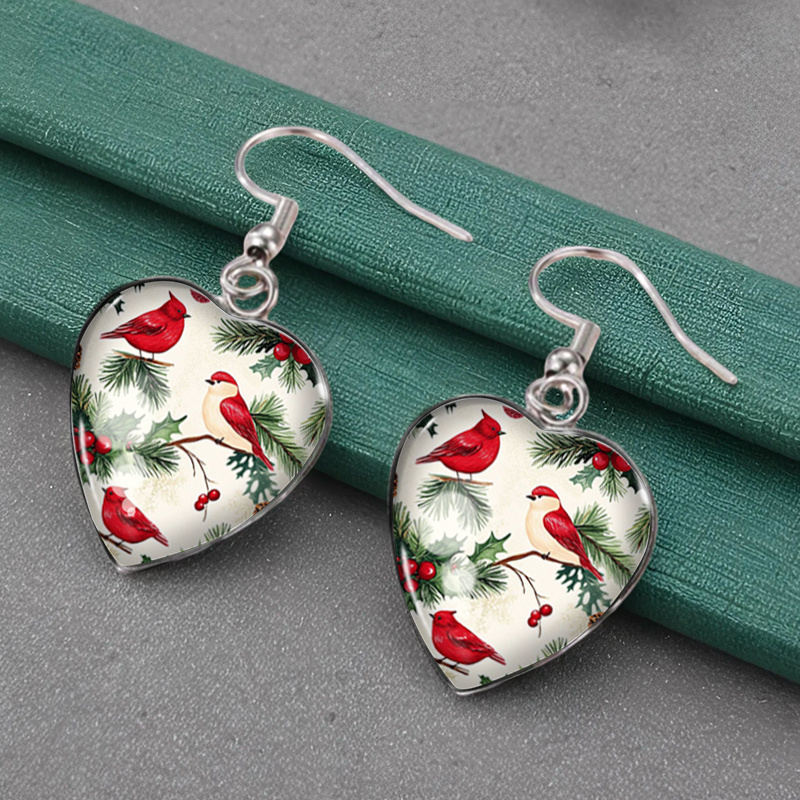 TEMU 1 Pair Christmas Holly And Birds Earring Glass Dome Jewelry Heart-shaped Earrings