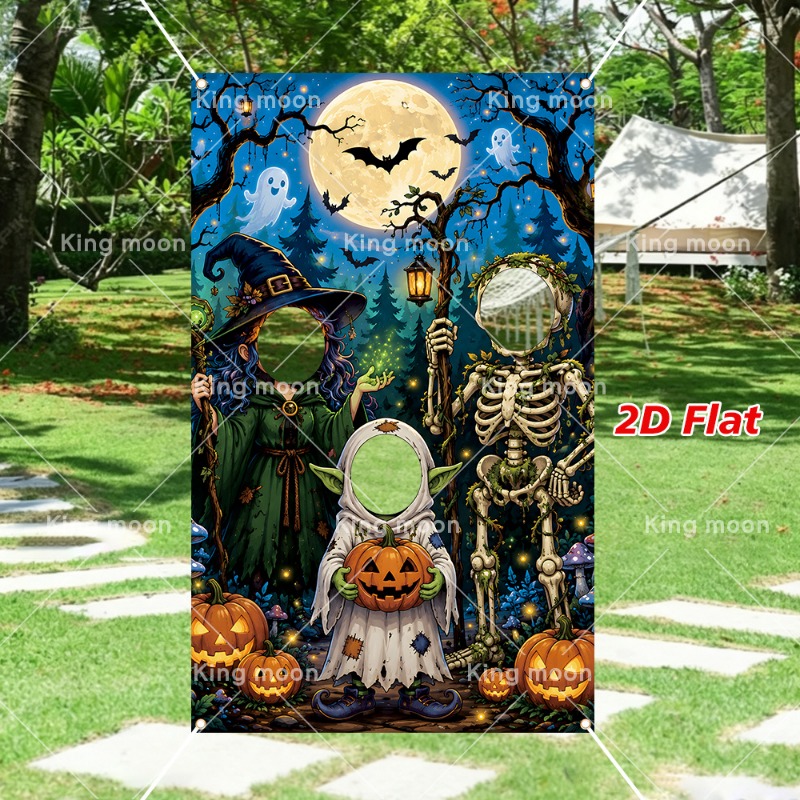TEMU 2d Flat, 2d Flat Banner, 1pc Halloween Photo Banner, 180cm * 110cm/70.8in * 43.3in, Material, Forest Witch, , Imp, Pumpkin,, Bat Halloween Photo