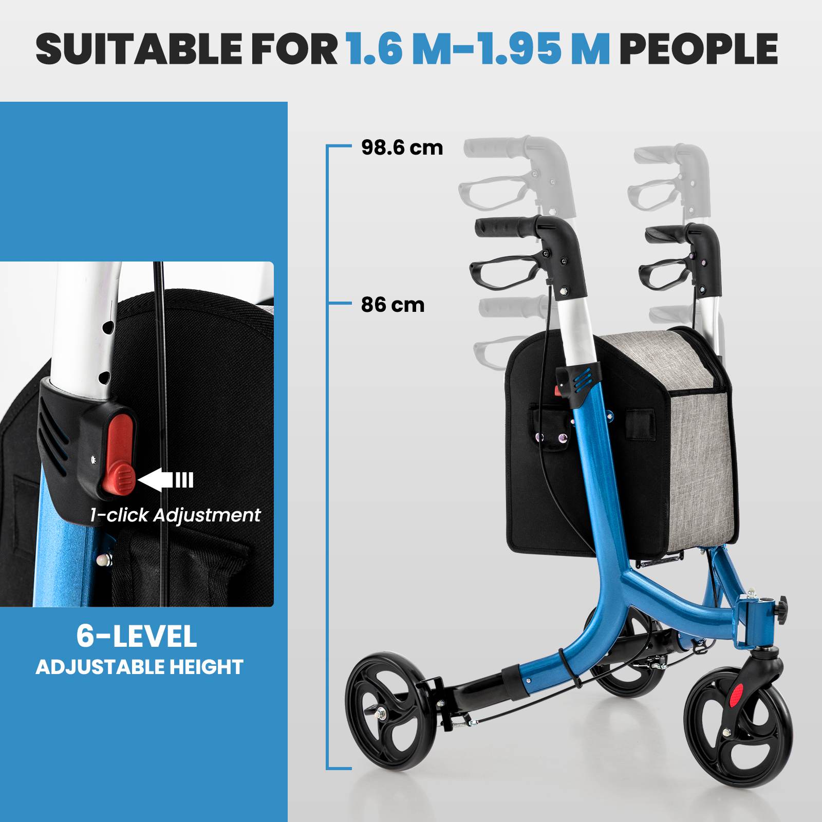 TANGKULA Heavy-Duty Foldable 3-Wheel Rollator Walker with Locking Brake System, 6-Level Adjustable Handle, Lightweight Aluminum Frame & Large Wheels - Portable Rolling Walker with Zippered Storage Bag for,, Home, Nursing Homes - Supports 300 lbs (136kg) - Blue, Foldable Walker for Seniors, Walker with Wheels And Seat, Walker for Seniors with Wheels, Mobility Walker for Plus Size Seniors, Seated Walker Plus Size - Image 6