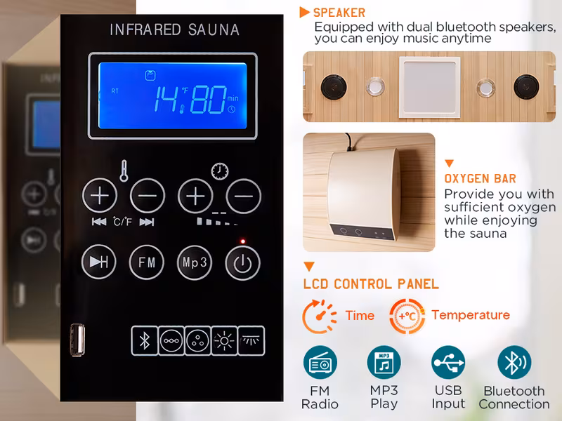 4 person 2145w wood indoor spa with warmer 7 ambient light strips 63 2 x47 2 x75 2 Product details 2