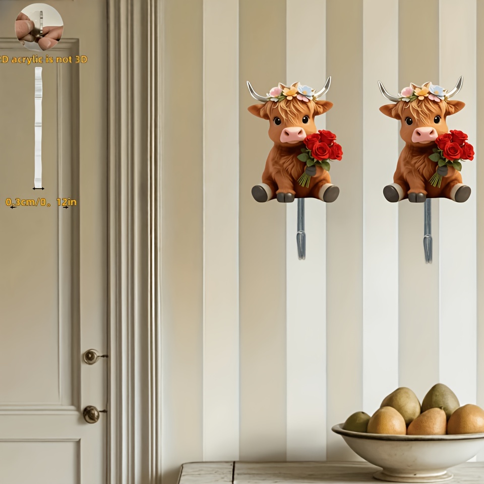 TEMU 2d Flat 2pcs Highland Cow Holding Flowers Acrylic Hook, No Drilling, Trace-free Strong Adhesive Bathroom Hook, , Fashionable Design For Kitchen,