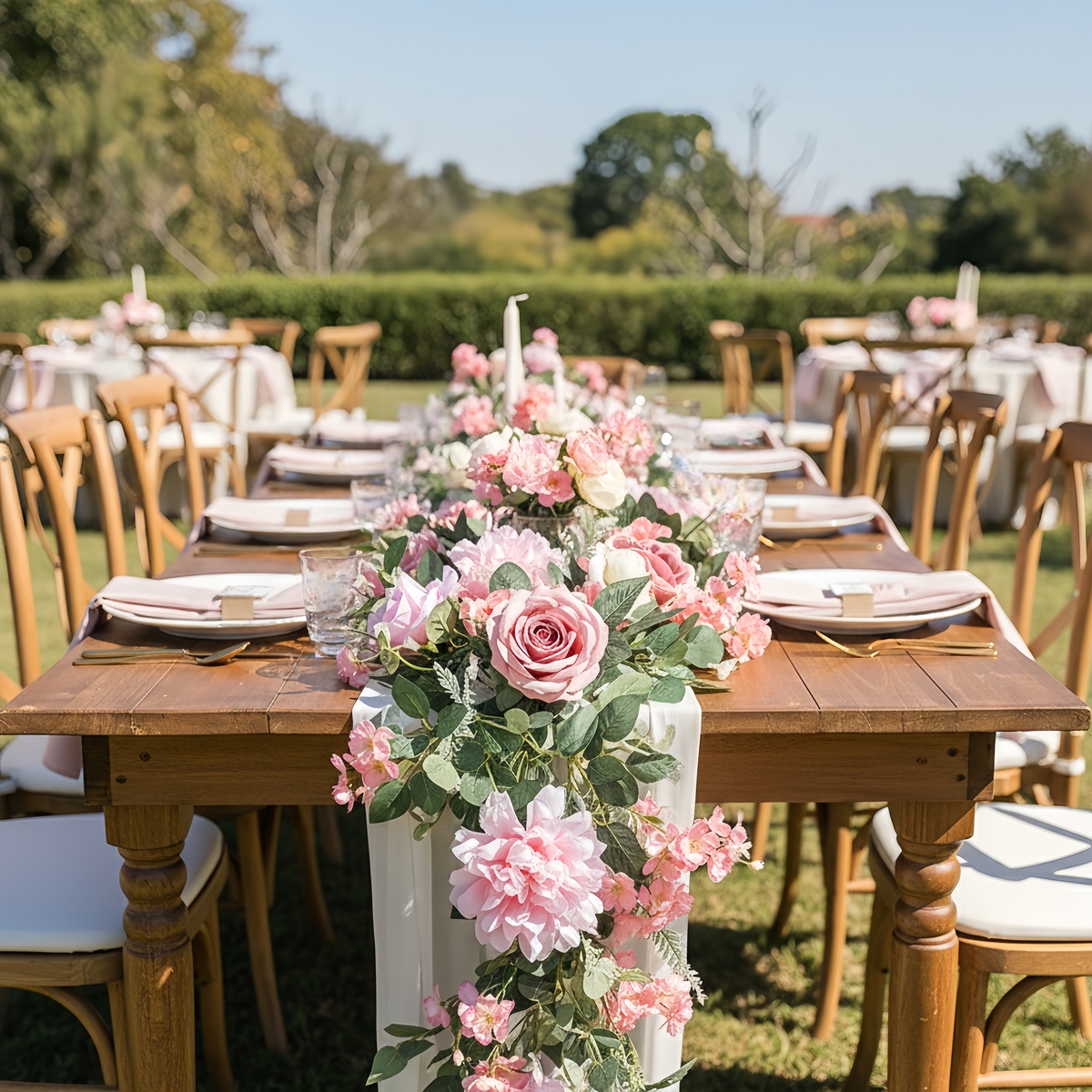 7ft Artificial Eucalyptus Garland With Flowers, Artificial Rose Artificial Garland, Faux Floral Garlands Greenery For Wedding Party Table Runner Decor