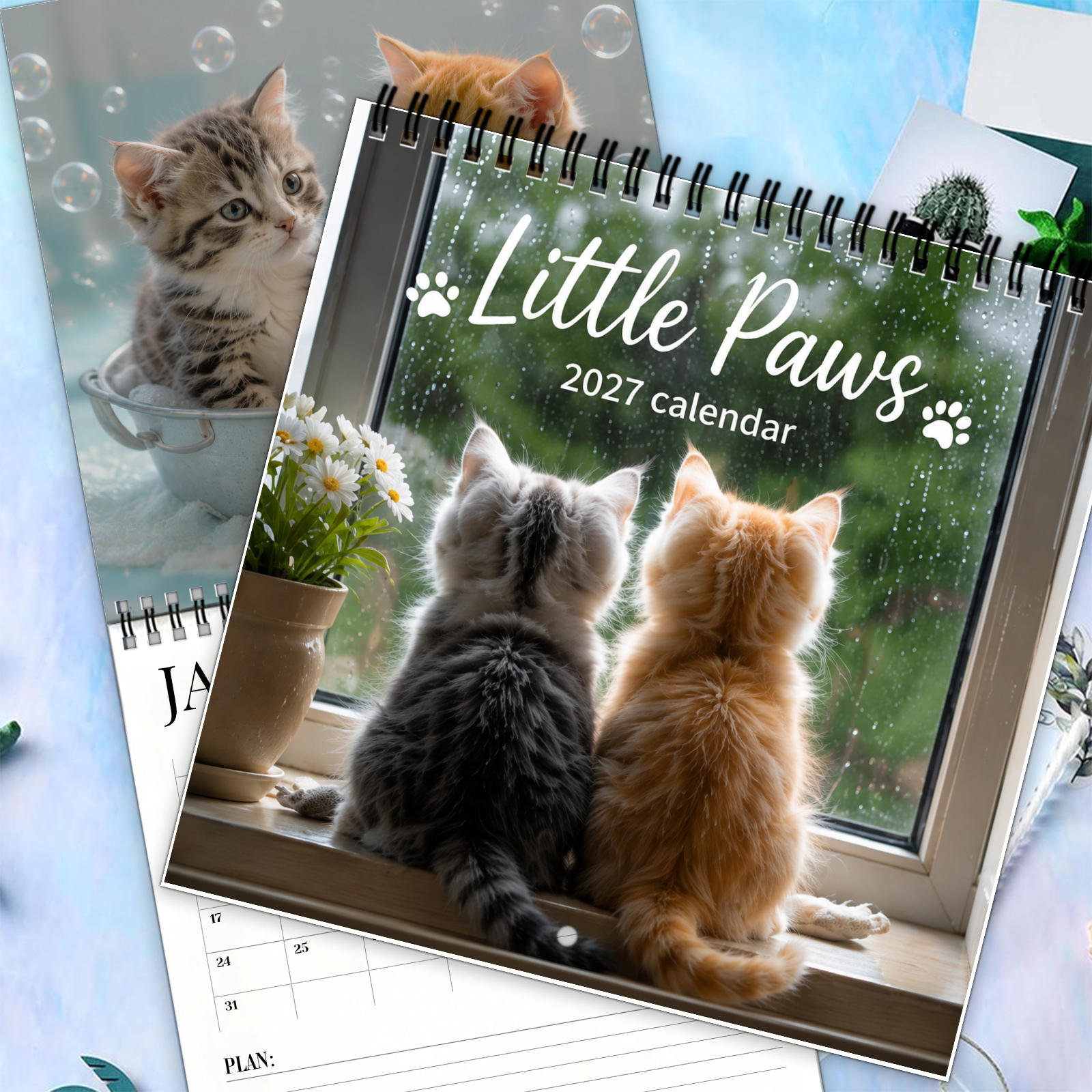 TEMU 1pc 2027 Kitten Love Wall Calendar With Monthly Pages - Twin-wire Hanging Suitable For Home/office Decor, Cute Fluffy Cat Photography Calendar