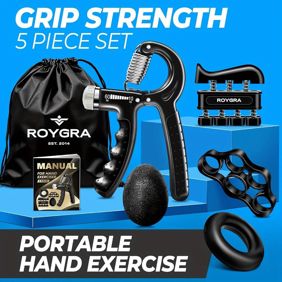 5-pack hand grip strengthener kit - adjustable   forearm exerciser,   & stress relief grip ball for athletes, durable iron construction, white/black, ideal for sports training & relaxation Product details 1