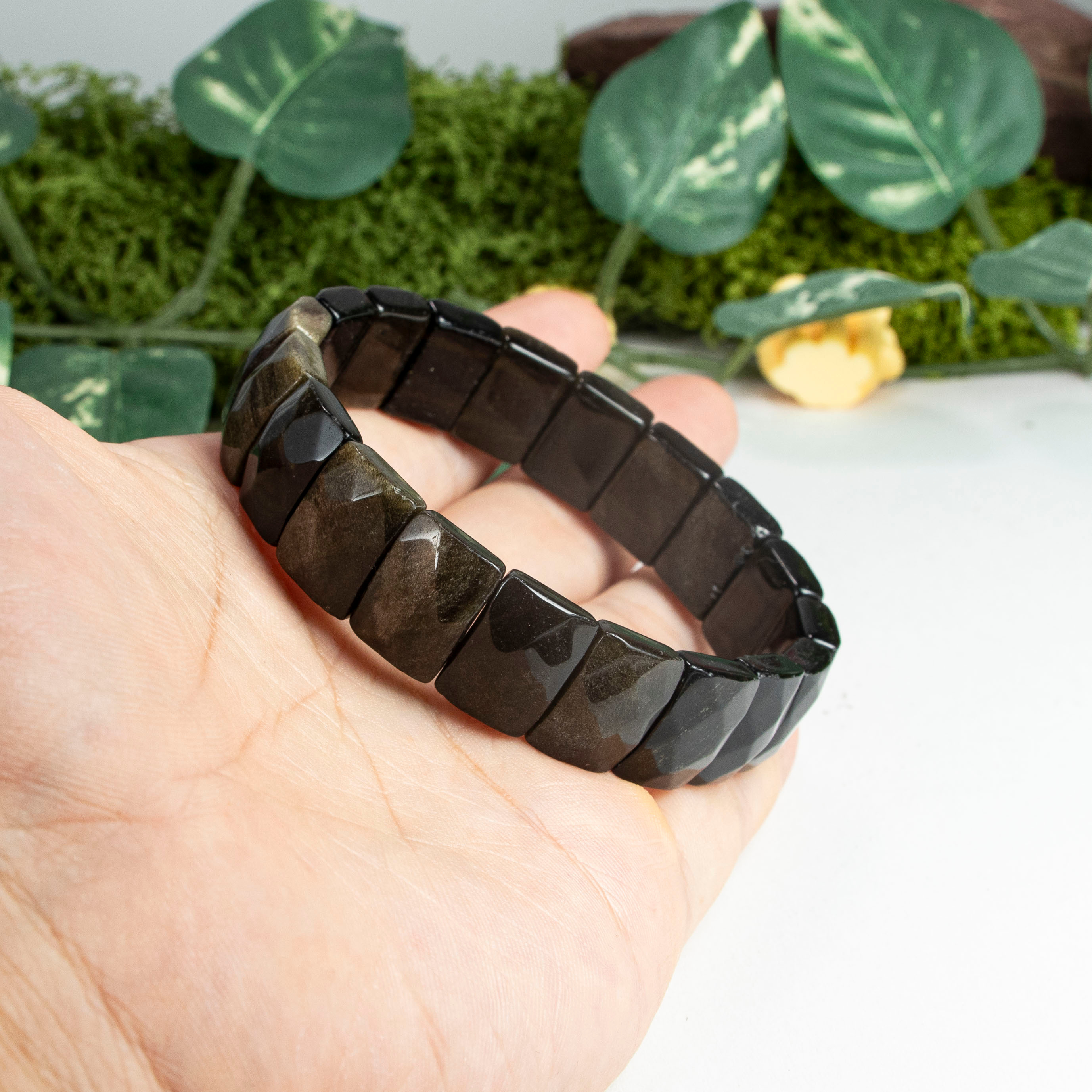 Natural Golden Obsidian Wide Bangle Bracelet, Handmade Bohemian Style